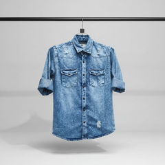 Men’s Dark Wash Distressed Denim Shirt – Casual Streetwear Style | Western Fit