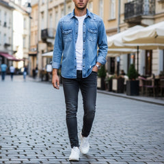 Men’s Dark Wash Distressed Denim Shirt – Casual Streetwear Style | Western Fit