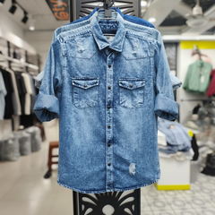 Men’s Dark Wash Distressed Denim Shirt – Casual Streetwear Style | Western Fit
