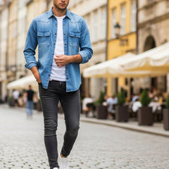 Men’s Deep Blue Denim Shirt – Classic Western Design | Premium Cotton Denim