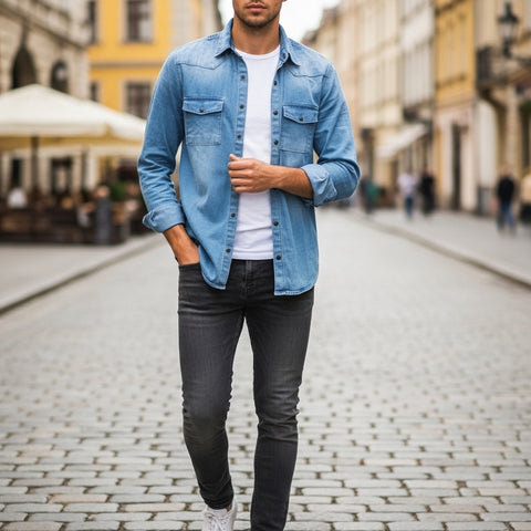 Men’s Deep Blue Denim Shirt – Classic Western Design | Premium Cotton Denim