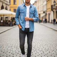 Men’s Deep Blue Denim Shirt – Classic Western Design | Premium Cotton Denim