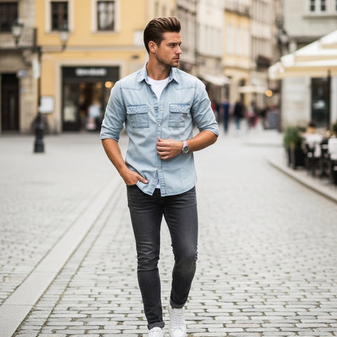 Men’s Light Blue Denim Shirt – Classic Everyday Casual | Soft Washed Fabric