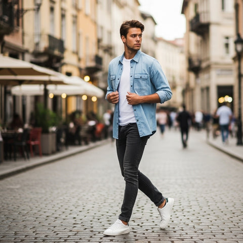 Men’s Mid Wash Denim Shirt – Faded Vintage Look | Trendy Streetwear 2025