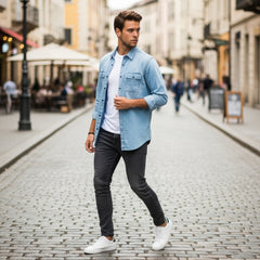 Men’s Mid Wash Denim Shirt – Faded Vintage Look | Trendy Streetwear 2025