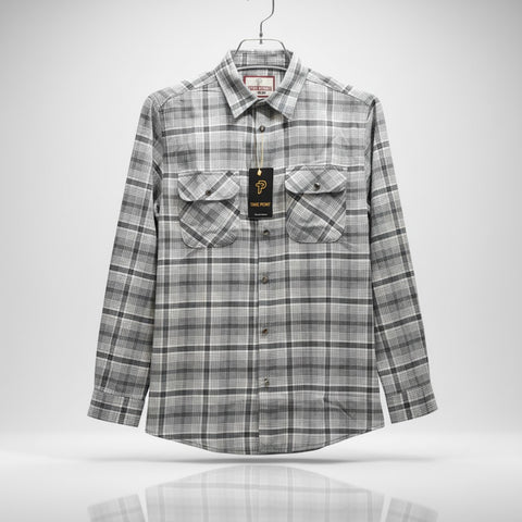 Men’s Grey Plaid Casual Shirt | Long Sleeve Checkered Flannel Style