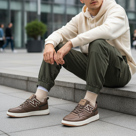 Brown Leather-Style Casual Sneakers for Men | Fashion Streetwear Shoes