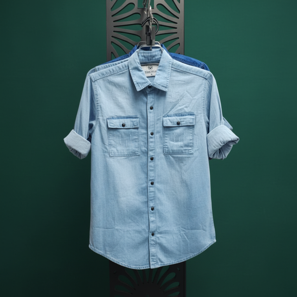 Men’s Mid Wash Denim Shirt – Faded Vintage Look | Trendy Streetwear 2025