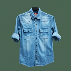 Men’s Deep Blue Denim Shirt – Classic Western Design | Premium Cotton Denim