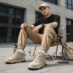 Beige High-Top Sneakers for Men | Trendy Streetwear Boots with Comfort Grip Sole