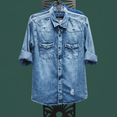Men’s Dark Wash Distressed Denim Shirt – Casual Streetwear Style | Western Fit